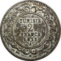 Tunisia Muhammad V Silver 1329 (1911) A 2 Francs XF KM# 239 (18 984)