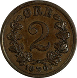 Norway Oscar II Bronze 1902 2 Øre Last Year Type Better Date KM# 353 (18 625)