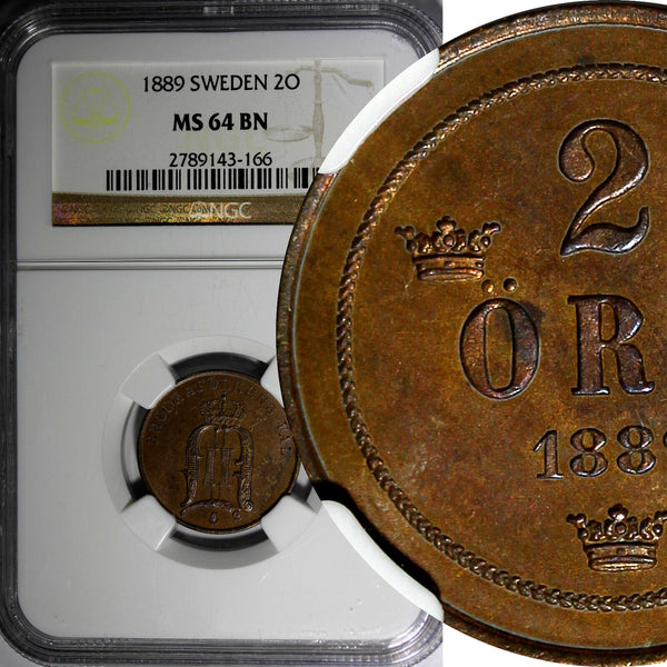 SWEDEN BRONZE Oscar II 1889  2 Ore NGC MS64 BN  21mm Mintage 589,000 KM# 746 (6)