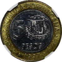 Dominican Republic 1997 5 Pesos Central Bank NGC MS64  KM# 88 (035)