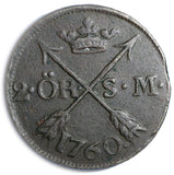 Sweden Adolf Frederick Copper 1760 2 Ore, S.M. Mintage-558,000 KM# 461 (4550)