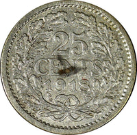 Netherlands Wilhelmina (1890-1948)  Silver 1918 25 Cents KM# 146 (6499)