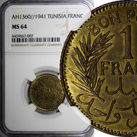 TUNISIA  Aluminum-Bronze AH1360//1941 1 Francs NGC MS64 TOP GRADED KM# 247 (007)