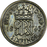 Great Britain George VI Silver 1943 6 Pence WWII Issue KM# 852 (17 254)