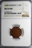 SWEDEN Gustaf IV Copper 1808 1/12 Skilling NGC MS64 RB 1 GRADED HIGHER KM563(74)