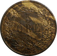 Sweden Carl XV Adolf Bronze 1862 Star 5 Ore XF Condition Mintage-136,000 KM# 707