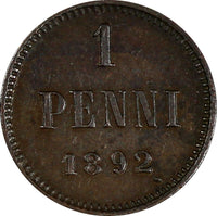 Finland Alexander III Copper 1892 1 Penni  KM# 10 (17 284)