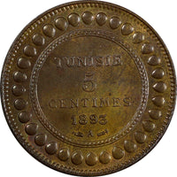 Tunisia Ali III Bronze AH1310//1893 A 5 Centimes BETTER DATE UNC KM# 221 ( 630)