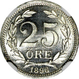 Sweden Oscar II Silver 1896 EB 25 Ore NGC MS64 NICE GEM  KM# 739 (028)