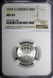 SWEDEN Gustaf V Silver 1939 G 50 Ore NGC MS63 1 GRADED HIGHEST BY NGC KM# 788(6)