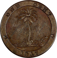 Liberia Copper 1847 1 Cent Choice XF Condition Palm tree KM# 1