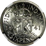 GREAT BRITAIN George VI Silver 1941 6 Pence NGC AU58  KM# 852 (213)