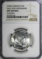 Germany-Third Reich Silver 1935 A 5 Reichsmark NGC UNC DET Hindenburg KM# 86(1)