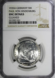 Germany-Third Reich Silver 1935 A 5 Reichsmark NGC UNC DET Hindenburg KM# 86(1)