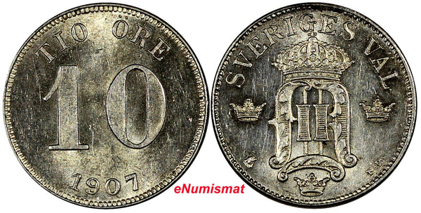 SWEDEN Oscar II Silver 1907 EB 10 Öre UNC Condition 1 YEAR TYPE KM# 774 (10 524)