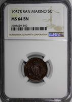 San Marino Bronze 1937-R 5 Centesimi NGC MS64 BN KEY DATE TOP GRADED KM# 12