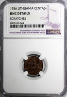 Lithuania Bronze 1936 1 Centas NGC UNC DETAILS1 YEAR TYPE KM# 79