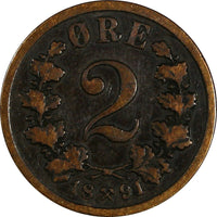 Norway Oscar II Bronze 1891 2 Ore VF Condition KM# 353 (18 060)