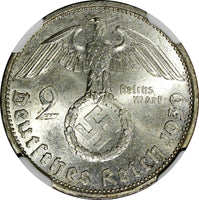 GERMANY-Third Reich Silver 1939 A 2 Reichs Mark NGC MS63 Hindenburg KM# 93 (014)