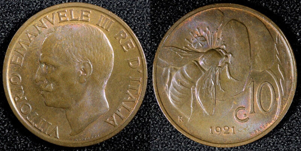 ITALY Vittorio Emanuele III Bronze 1921 R 10 Centesimi UNC KM# 60 (23 883)