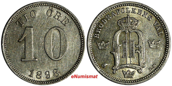 SWEDEN Oscar II Silver 1898 EB 10 Ore XF+ KM# 755 (15 525)