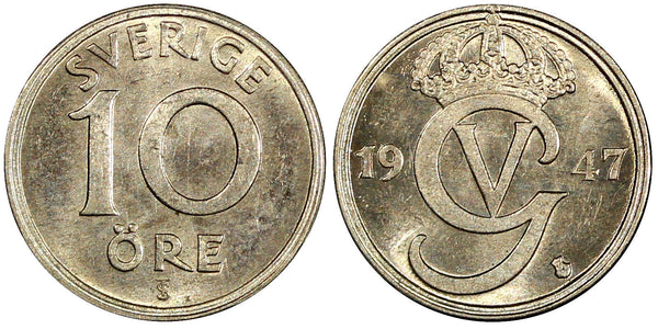Sweden Gustaf V (1907-1950) Nickel-Bronze 1947 TS 10 Öre BU KM# 795 (22 130)