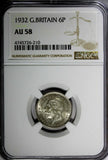 GREAT BRITAIN George V Silver 1932 6 Pence NGC AU58 BETTER DATE KM# 832