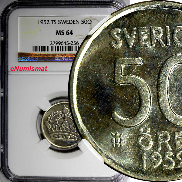 Sweden Gustaf VI Silver 1952 TS 50 Ore NGC MS64 Better Date KM# 825 (256)