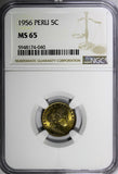 Peru Brass 1956 5 Centavos Thin Planchet NGC MS65 TOP GRADED KM# 223.2 (040)