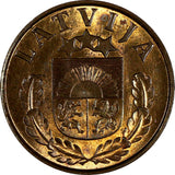 LATVIA Bronze 1939 2 Santimi 1 YEAR TYPE Nice Red UNC  KM# 11.2 (20 254)