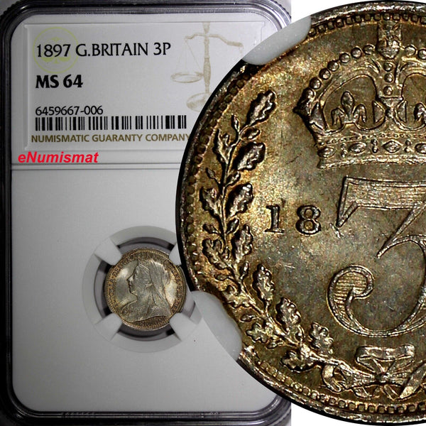 Great Britain Victoria Silver 1897 3 Pence NGC MS64 Light Toned KM# 777 (006)