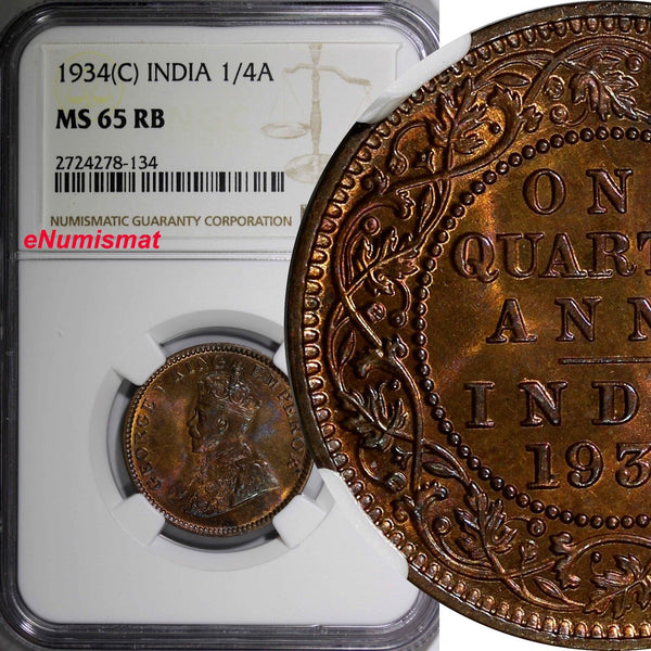 India-British George V Bronze 1934 (C) 1/4 Anna NGC MS65 RB NICE RED KM# 512 (4)