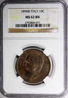 Italy Copper Umberto I 1894 BI 10 Centesimi NGC MS62 BN  KM# 27.1 (011)