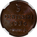 San Marino Bronze 1936 R 5 Centesimi NGC MS64 BN Mintage-400,000 KM# 12 (014)