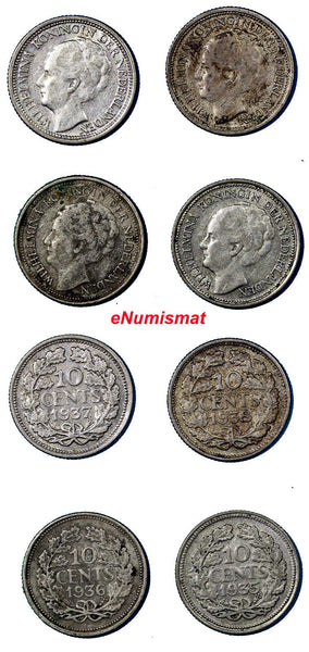 Netherlands Wilhelmina I  Silver  LOT OF 4 COINS 1935-1938 10 Cents  KM# 163(46)