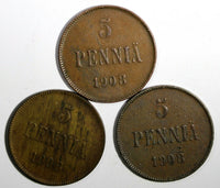 FINLAND Nicholas II Copper LOT OF 3 COINS 1908  5 Penniä KM# 15
