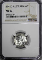 Australia George VI Silver 1942-D 6 Pence Sixpence NGC MS62 KM# 38