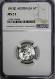 Australia George VI Silver 1942-D 6 Pence Sixpence NGC MS62 KM# 38