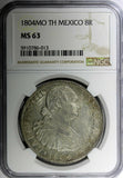 Mexico SPANISH COLONY Charles IV Silver 1804 MO TH 8 Reales NGC MS63 KM# 109 (3)