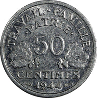 France Aluminum 1944 B 50 Centimes Beaumont WWII Issue XF KM# 914.2 (20 006)