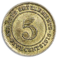 Straits Settlements George V Silver 1918  5 Cents Toning KM# 31 (4114)