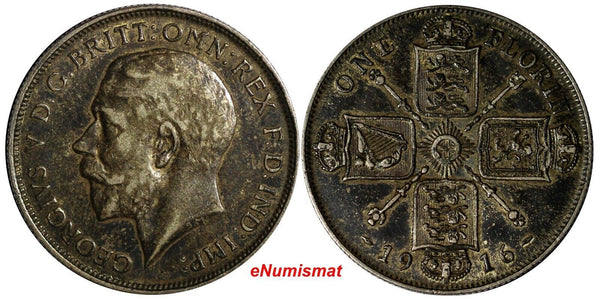 GREAT BRITAIN George V Silver 1916 Florin 2 Shillings WWI Issue Toned KM# 817(3)