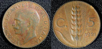 Italy Vittorio Emanuele III Bronze 1921 R 5 Centesimi KM# 59 (23 725)