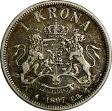 Sweden Oscar II Silver 1897 EB 1 Krona VF Condition Mintage-735,391 KM# 760 (45)