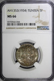 Tunisia Silver 1353 (1934) 5 Francs NGC MS66 TOP GRADED BY NGC KM# 261 (44)