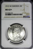 Sweden Gustaf V Silver 1913 W 2 Kronor Mint-304,616 NGC MS62+ SCARCE KM# 787(32)