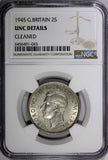 GREAT BRITAIN George VI Silver 1945 Florin /2 Shilling NGC UNC DET.WWII KM855(3)