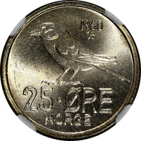 Norway Olav V Copper-Nickel 1960 25 Øre NGC MS64 TOP GRADED BY NGC KM# 407 (10)