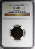 Denmark Christian IX 1874 CS  2 Ore NGC MS63 BN 1st Year For Type KM# 793.1 (035