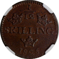 SWEDEN Carl XIV Johan Copper 1825 1/12 Skilling REEDED EDGE NGC MS62 BN KM616(1)